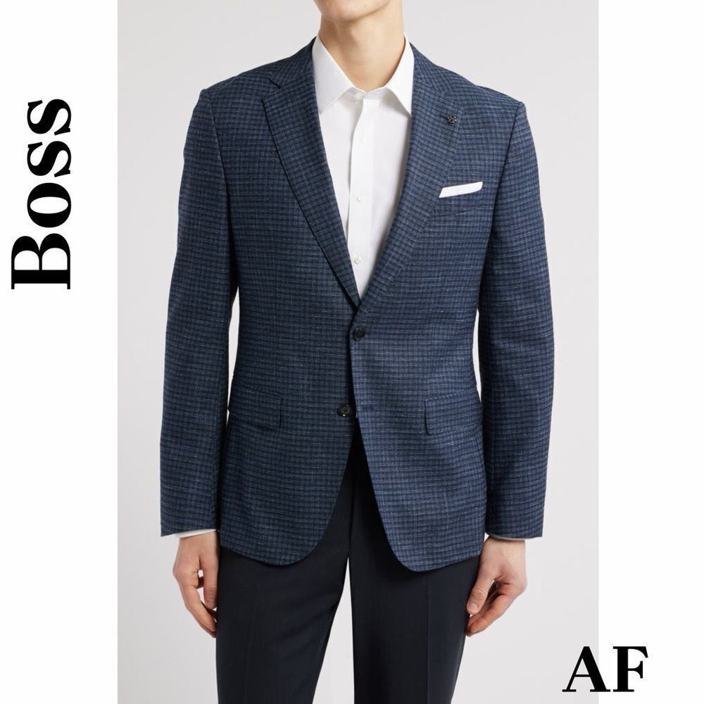 Boss Hutson Men's Navy Checkered Blazer Size 46R New